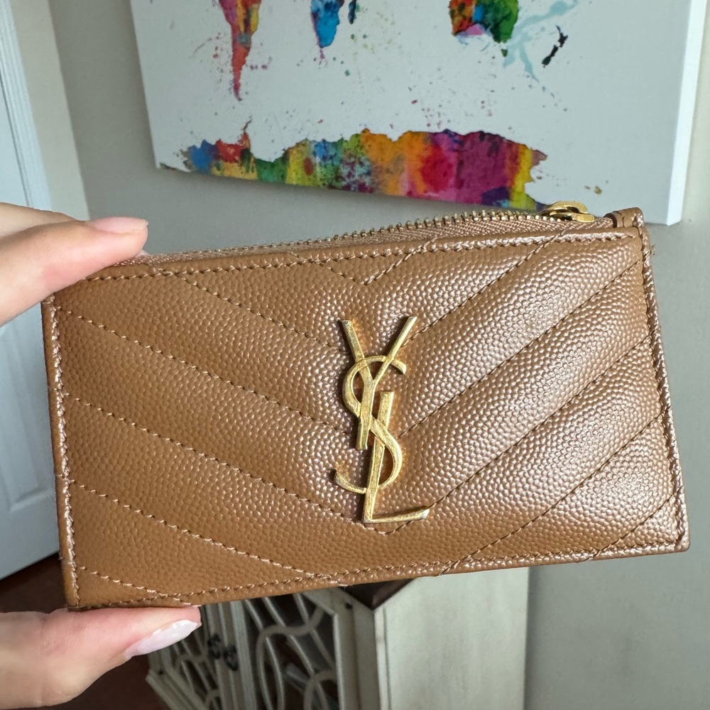 YSL TAN CASSANDRE MATELASSÉ FRAGMENTS CARD CASE